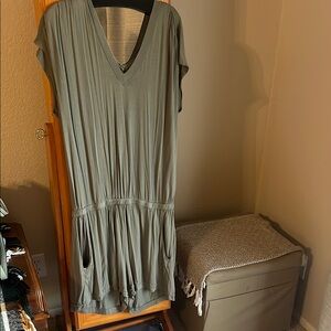 Green Smocked V-Neck Jumpsuit with Dolman Sleeves